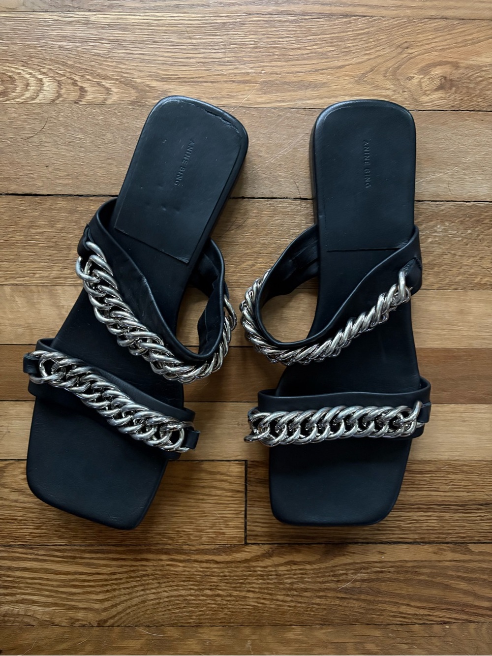Anine Bing Black Sandals with Silver Chain Trim